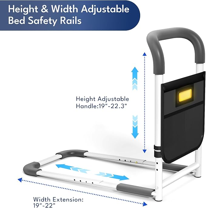 HOMEAL Bed Rails for Elderly Adults Safety - Adjustable Bedside Assist Rails for Seniors with Sensor Light, Portable Bed Cane with Non-Slip Handle & Fixing Strap, Fit Standard & Adjustable Bed(Grey)