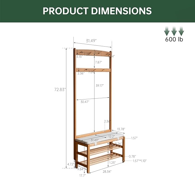 Oak Coat Rack, Solid Wood Hall Tree with Shoe Bench, 2-Tier Shoe Rack with 7 Hooks for Entryway, Hallway, 13.8" x 31.5" x 72.8", Natural
