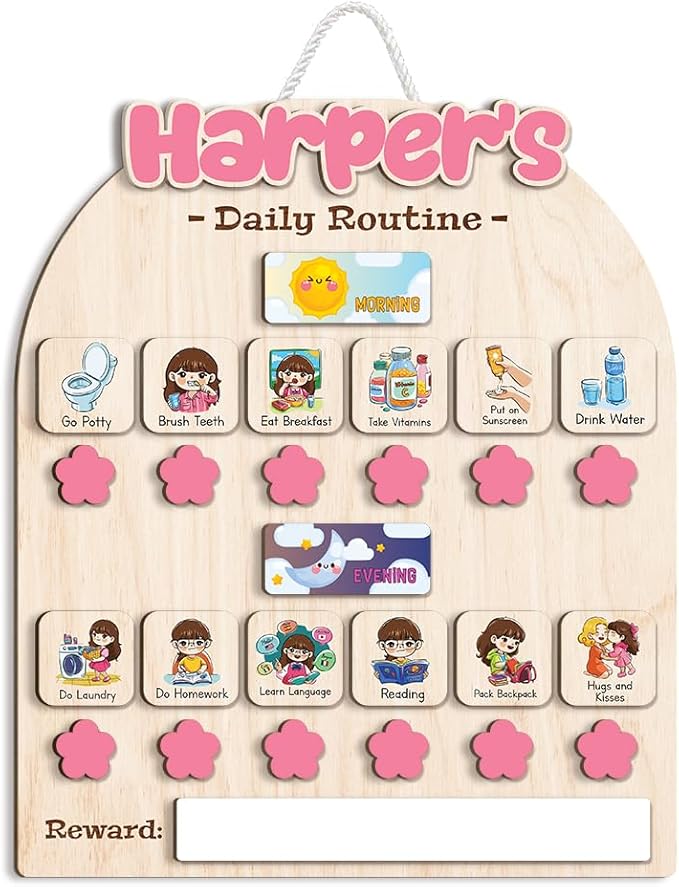 Personalized Wooden Chore Chart for Kids, Daily Routine Chart for Toddlers, Visual Schedule for Kids Age 3-5, Morning Bedtime Routine for Girls (02_1)