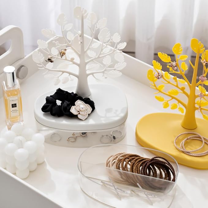 Jewelry Display Tree Necklace Earring Organizer Holder,Tree Tower Rack with Storage Box Drawer,Double Shelf Hanging Organizer for Ring Earrings Necklace Bracelet Key