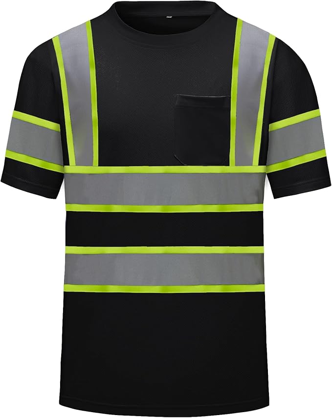 High Visibility Shirts Quick Dry Safety T Shirts with Reflective Strips and Pocket Short Sleeve Mesh Hi Vis Construction Work Class 2 Shirt for Men/Women Black,6XL