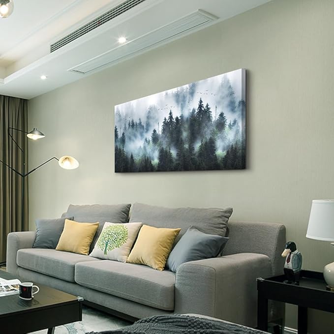 DZRWUBHS Canvas Wall Art - Large Size Modern Wall Decor for Living Room, Office, Bedroom - Foggy Forest Trees Landscape Painting - 20"X40"