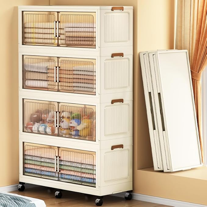 479QT 35.4'' Wide Stackable Storage Bins with Lid,4-Tier Large Foldable Plastic Drawer Storage with Wheels,Closet Organizers and Storage for Living Room, Office, Dorm