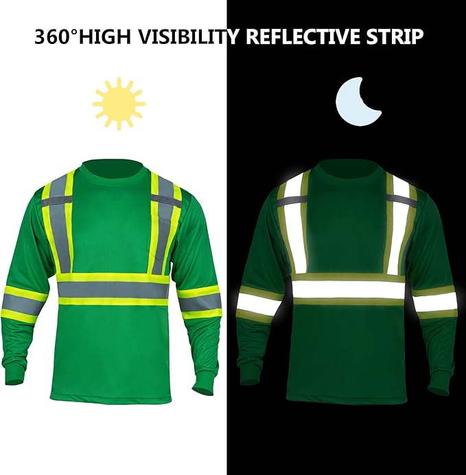 FONIRRA Hi Vis Shirts for Men Reflective ANSI Class 2 Safety Long Sleeve High Visibility Work Construction T Shirts Green