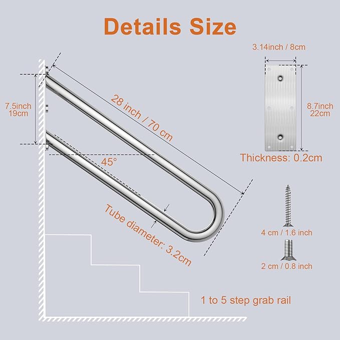 28 Inch Stainless Steel Handrail for 1-5 Steps- 1.25" Tube, ZUEXT Chrome Finished U Shape Safety Grab Bar for Stairs, Wall Mount Handicap Hand Railing for Outdoor Garage Interior Exterior Stairway