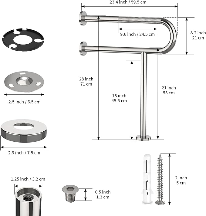 Toilet Support Rail 23.4X 28 Inch, Munzong Anti-Slip Chrome Handicap Grab Bar for Bathroom, Stainless Steel Knurled Safety handrails with Leg for Elderly Disabled Pregnant-1.25’Tube