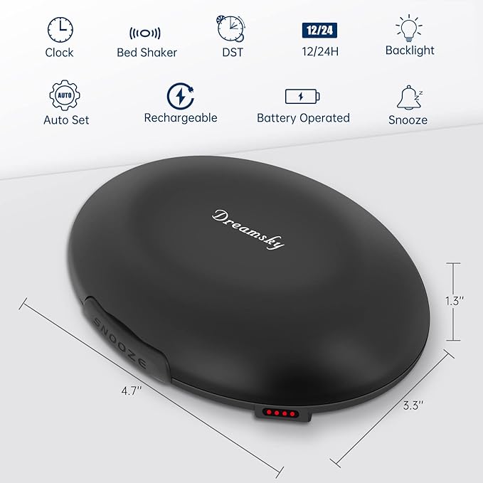 DreamSky Vibrating Alarm Clock for Heavy Sleepers - Auto Set Bed Shaker Alarm Clock Under Pillow for Hearing Impaired, Bedroom, Travel, Rechargeable Battery Operated, Cordless, Auto DST, LCD Backlight