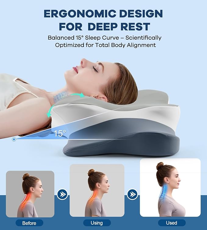 Cervical Pillow for Neck Pain Relief, Cooling Ergonomic Memory Foam Pillow with Ice Silk Pillowcase, Dual-Height Orthopedic Contour Support Pillow for Side,Back,Stomach Sleepers, CertiPUR-US Certified