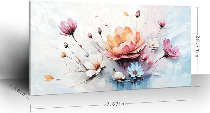 amatop Oversized Floral Canvas Wall Art, Large Modern Abstract Pink White Blue Botanical Print – Elegant Nature Wall Decor for Living Room, Bedroom, Office & Hallway (58x29 inch)