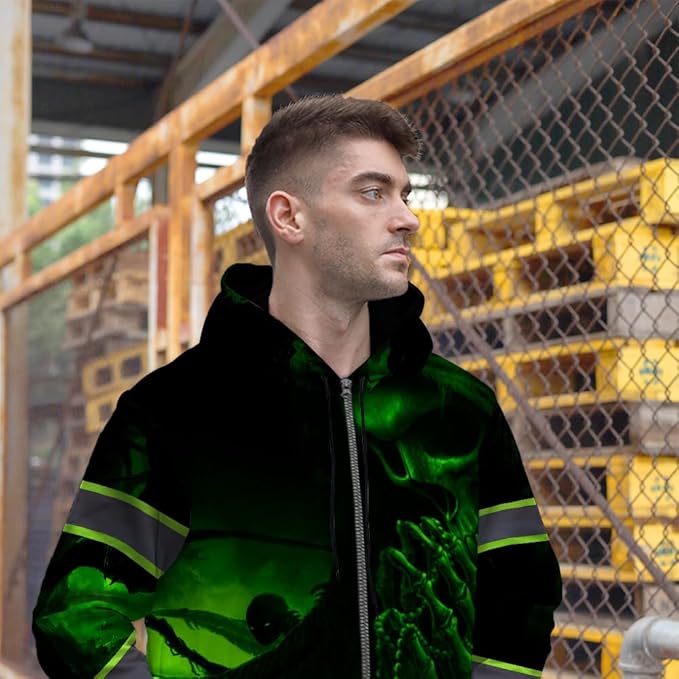 Maddly Hi Vis Reflective Zip Up Hoodie, High Visibility Safety Jacket with Skull Design for runner, worker, trucker, cyclist