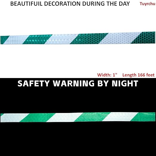 Green and White Reflective Tape Outdoor Waterproof 1 inch X 166 feet, High Visibility Hazard Conspicuity Industrial Marking Tape