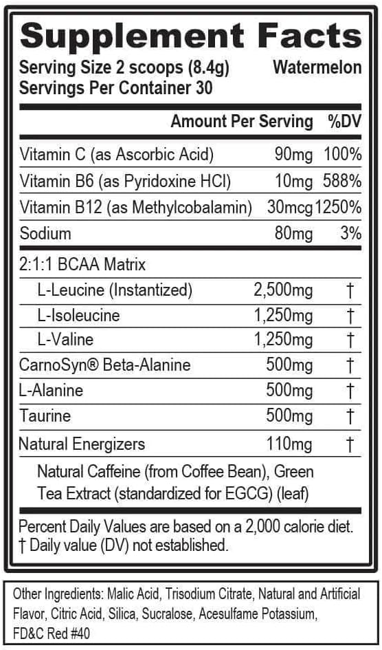 EVL BCAAs Amino Acids Powder - BCAA Energy Pre Workout Powder for Muscle Recovery Lean Growth and Endurance - Rehydrating Post Workout Recovery Drink with Natural Caffeine - Watermelon
