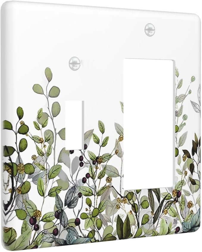 Watercolor Green Eucalyptus Leaves Plants Fruit Outlet Covers 1 Toggle 1 Rocker Combination Decorative Wall Plate Electrical Switch Plates Light Switch Cover Plate for Bed Room Living Room Decor