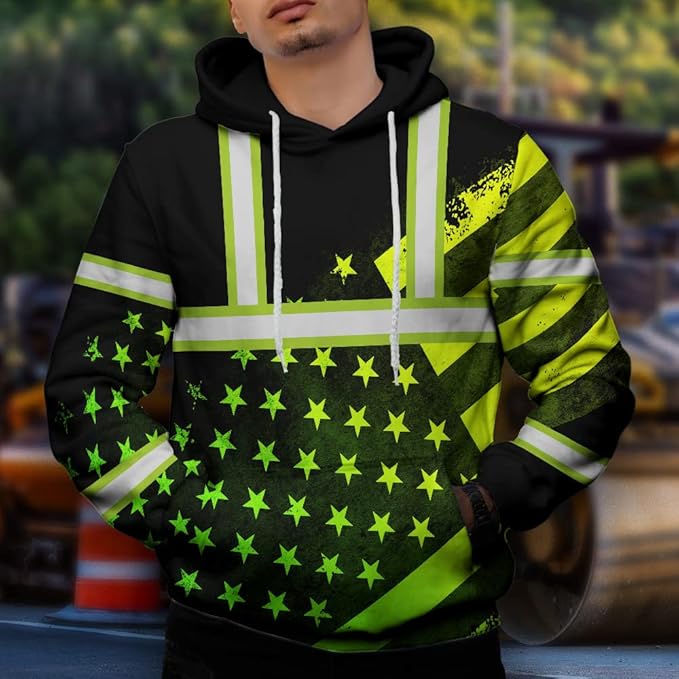 US Flag High Visibility Hoodie for Men Reflective Hoodie Safety Workwear for Worker Runner Patriotic ACC02