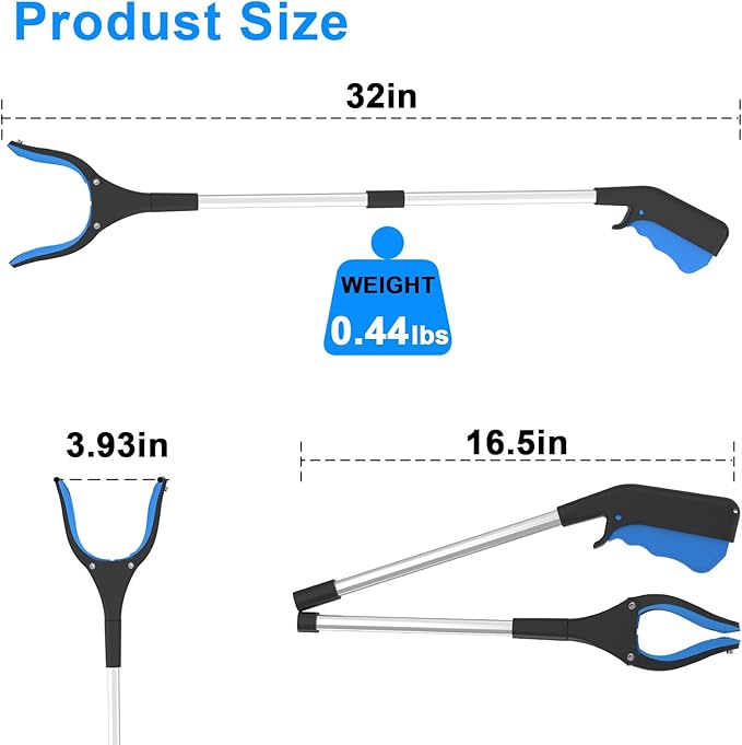32" Reacher Grabber Pickup Tool, Foldable Seniors Handicap Daily and Trash Picker Upper Grabbers Daily Living Tools (Blue)