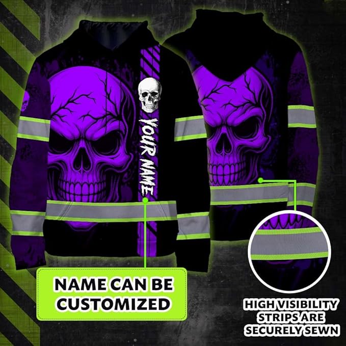 Matedecor Skull US Flag Reflective High Visibility Hoodie For Men Construction Hi Vis Safety Workwear Custom Name