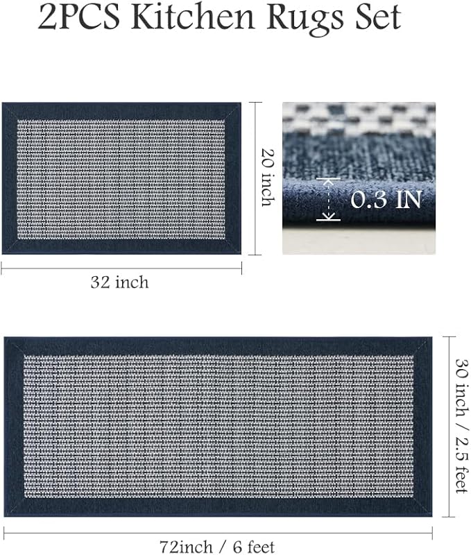 PADOOR Non Slip Kitchen Rugs Sets of 2 - Extra Large 2.5'x6' + 20"x32" Runner Rugs for Kitchen Floor Non Skid Washable, Absorbent Kitchen Mat for in Front of Sink 2 Piece Blue
