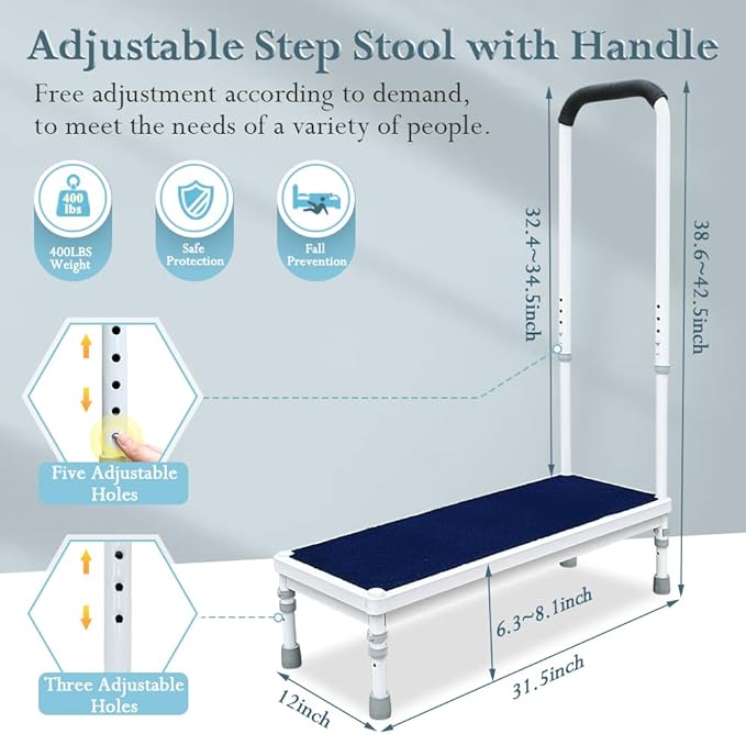 Medical Step Stool with Handle Bed Steps for High Beds for Adults Elderly 3-in-1 Safety Bed Handle Bedside Assist Handicap Wide Foot Step Stool for Bedroom, Bathtub, Car (31.5" Stool)