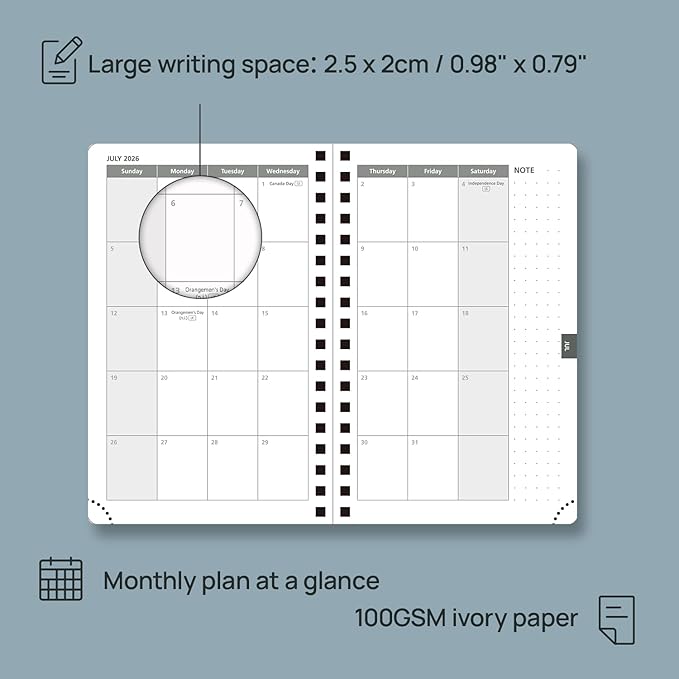 POPRUN 2026 Planner Weekly Notebook (Jan-Dec), Small Size 4''x 6.25'' - 2026 Pocket Calendar for Purse with Spiral Soft Cover, Plastic Ruler, Inner Pocket, 100 GSM - Soft Pink