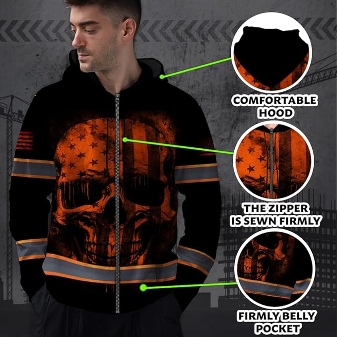 Maddly Hi Vis Reflective Zip Up Hoodie, High Visibility Safety Jacket with Skull Design for runner, worker, trucker, cyclist