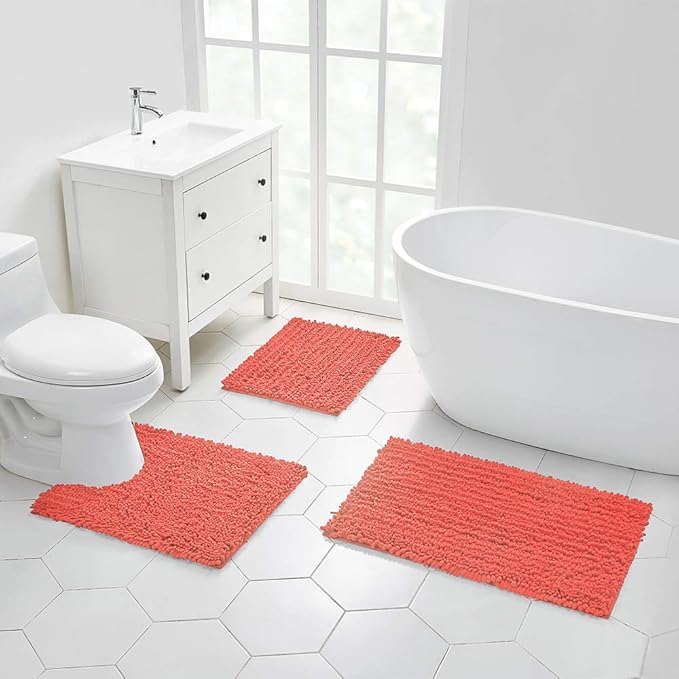 Walensee Bathroom Rug Non Slip Bath Mat (32x20 Inch Coral) Water Absorbent Super Soft Shaggy Chenille Machine Washable Dry Extra Thick Perfect Absorbant Best Large Plush Carpet for Shower Floor