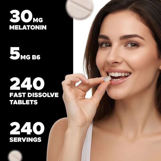 Melatonin 30 mg with Vitamin B6 – 240 Fast Dissolve Tablets High-Potency Sleep Support – Drug-Free, Natural Citrus Flavor – Vegetarian, Non-GMO, Gluten-Free