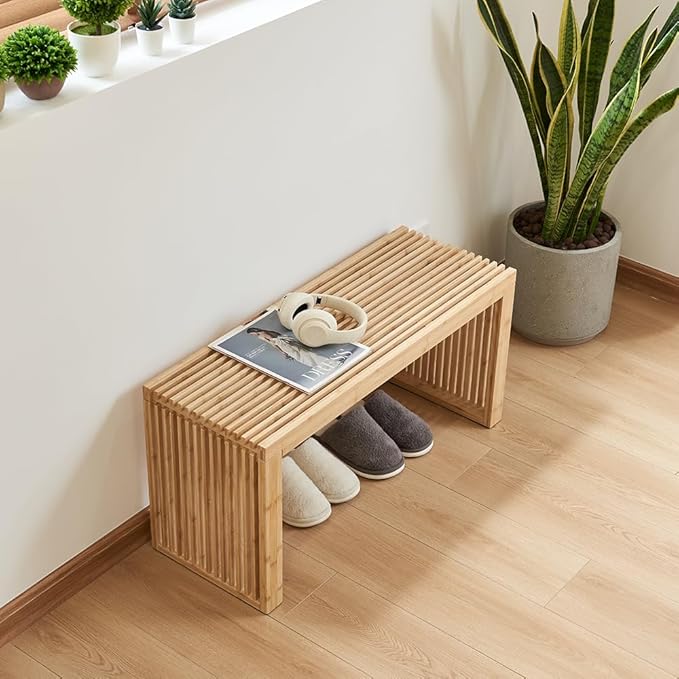 Versatile Wooden Slatted Bench - Sleek Modern Design for Dining, Entryway, Bedroom - Indoor Use with Storage Capability for Home, Kitchen, Bathroom & Beyond (Natural)
