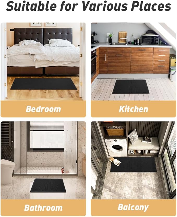 AMOAMI Upgraded Waffle Bath Mat, Super Absorbent Non Slip Bath Mats for Bathroom Floor, Machine Washable Bathroom Rugs with Tassels, Rubber Backed Bathroom Mats, Ultra Soft, 24" x 36", Black