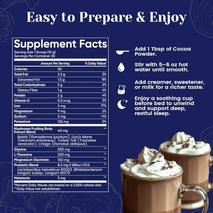 Venture Pal Mushroom Hot Cocoa Powder with Magnesium Glycinate, L-Theanine & Reishi to Calm & Relax, Natural Sleep Aids for Adults Melatonin 3mg, Unsweetened Hot Chocolate for Deep Sleep, 30 Servings