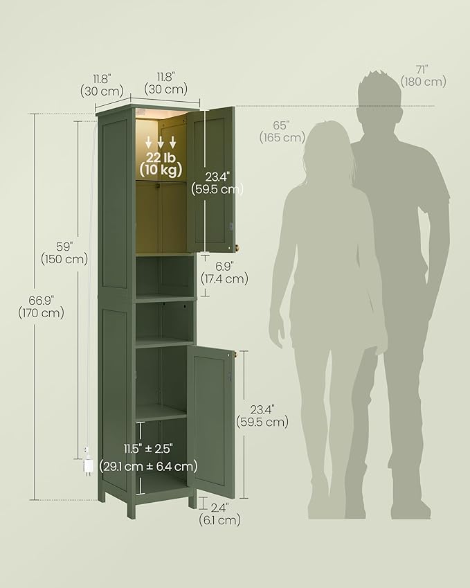 VASAGLE Tall Storage Cabinet with Lights, Slim Freestanding Cabinet with Adjustable Shelves, for Small Spaces, Bathroom, Living Room, Modern, 11.8 Inches Wide, Forest Green UBBC566C01