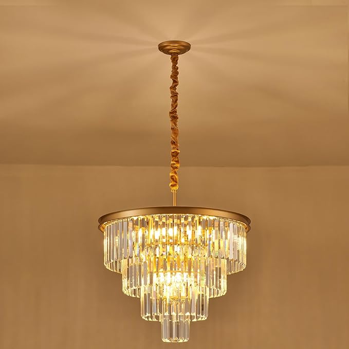 4-Tiers 23.6" Gold Crystal Chandelier Modern 12-Light Contemporary Crystal Pendant Chandeliers Light Fixture Hanging Lighting for Dinning Room Entryway Bedroom Foyer High Ceiling