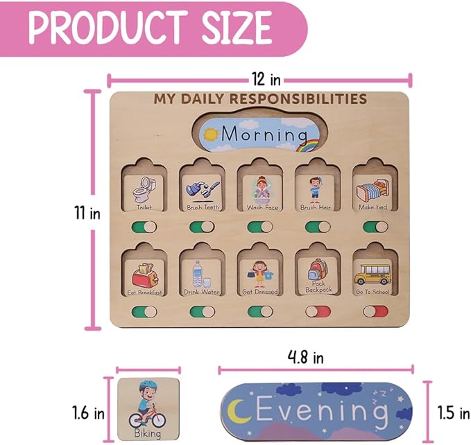 Wooden Chore Chart for Kids Visual Schedule, Routine Chart for Kids, Morning Bedtime Routine Chart for Toddlers Ages 2-4, Daily Kids Schedule Board for Home (02)