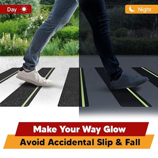 Anti Slip Traction Treads with Glow in Dark Stripe (10-Pack), 6" X 24", Best Grip Tape Grit Non Slip, Outdoor Non Skid Tape, High Traction Friction Abrasive Adhesive for Stairs Step