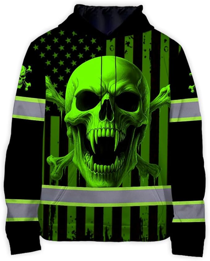 Matedecor Skull US Flag Reflective High Visibility Hoodie For Men Construction Hi Vis Safety Workwear Custom Name