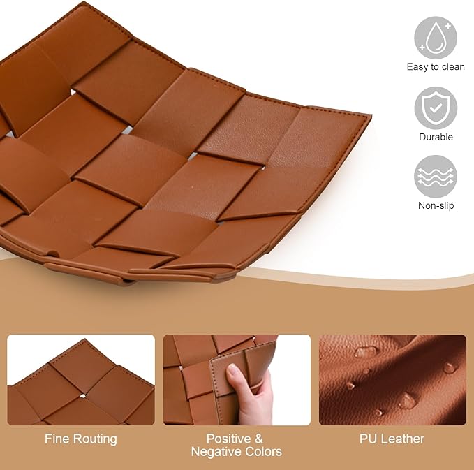 Valet Tray PU Leather Key Holder Bowl for Men and Women Entryway Table Nightstand Catchall Storage Organizer EDC Dump Tray for Wallet, Keys, Coins Men's Gift - Brown, 9.8" L x 9.8" W x 2" H