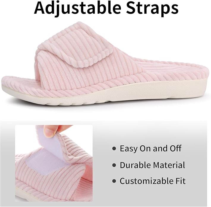 Litfun Orthopedic House Slippers for Women Adjustable Arch Support Indoor Slippers Open Toe Corduroy Bedroom Shoes