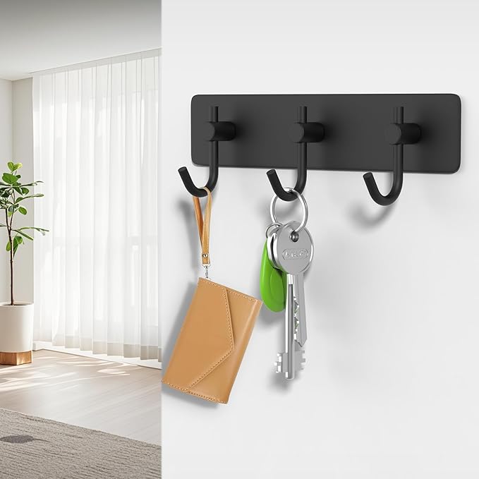 HUFEEOH No-Drill Adhesive Wall Rack with 3 Hooks, Stainless Steel Towel Hanger for Mounting, Key Hooks Hat Holder for Bathroom, Kitchen, Entryway, Bedroom (1 Pack) (Black)