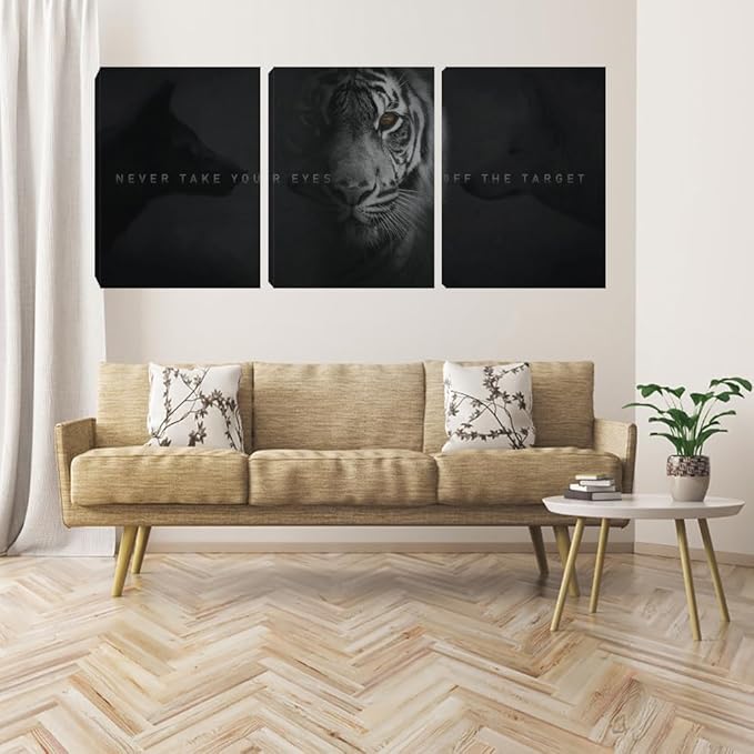 Unbruvo Tiger Motivational Wall Art - 3 Piece Canvas Prints for Office, Inspirational Leadership Quotes, Black Tiger Picture Wall Decor for Living Room, Bedroom(60''Wx28''H)