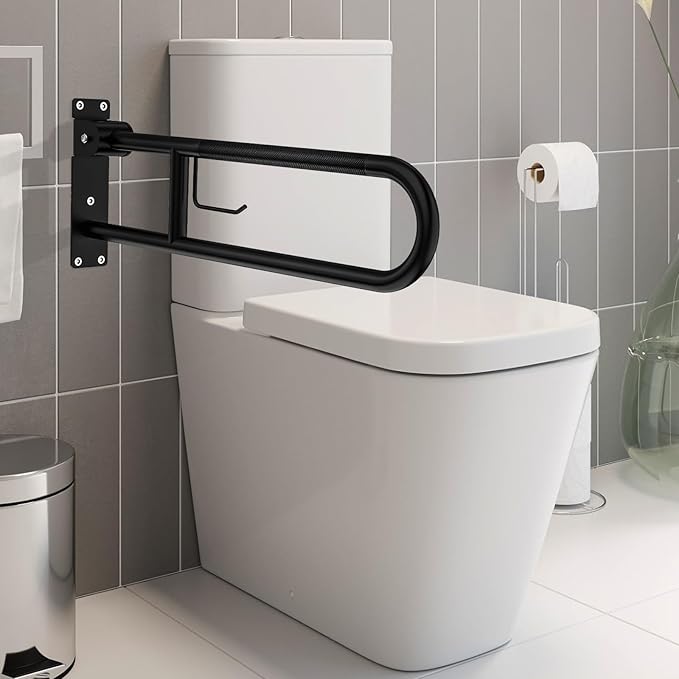 Toilet Grab Bar 30.3 Inch, YuanDe Flip Up Grab Bar with Paper Holder,Matte Black Anti-Slip Safety Bars for Toilet, Stainless Steel Knurled Toilet Handles for Seniors Disabled Elderly Pregnant