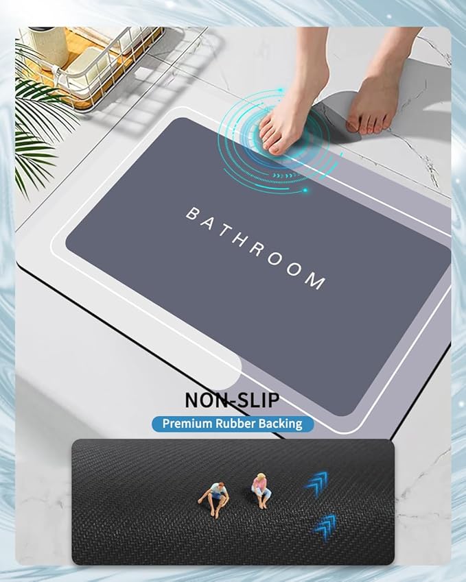 Bath Mat Rugs Non Slip Quick Dry Super Absorbent Rubber Bath Mats Fit Under Door, Bathroom Rugs Shower Mat for Bathroom, Bathtub, Shower and Sink (Rectangle Grey, 17"x35")