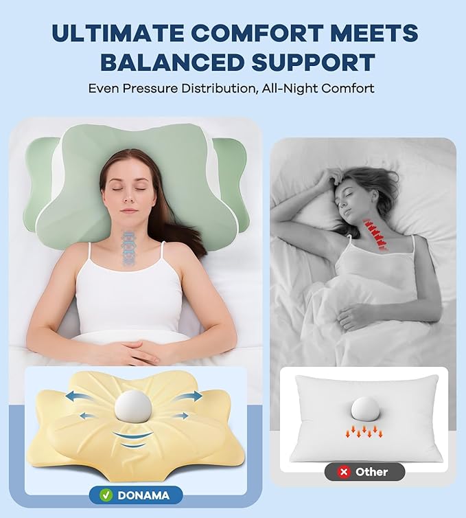Cervical Pillow for Neck Pain Relief, Cooling Ergonomic Memory Foam Pillow with Ice Silk Pillowcase, Dual-Height Orthopedic Contour Support Pillow for Side,Back,Stomach Sleepers, CertiPUR-US Certified