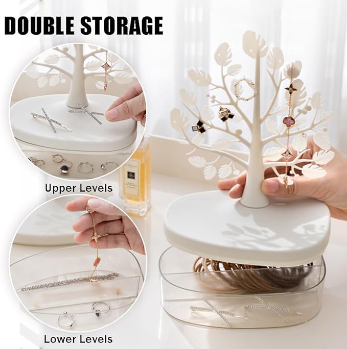 Jewelry Display Tree Necklace Earring Organizer Holder,Tree Tower Rack with Storage Box Drawer,Double Shelf Hanging Organizer for Ring Earrings Necklace Bracelet Key