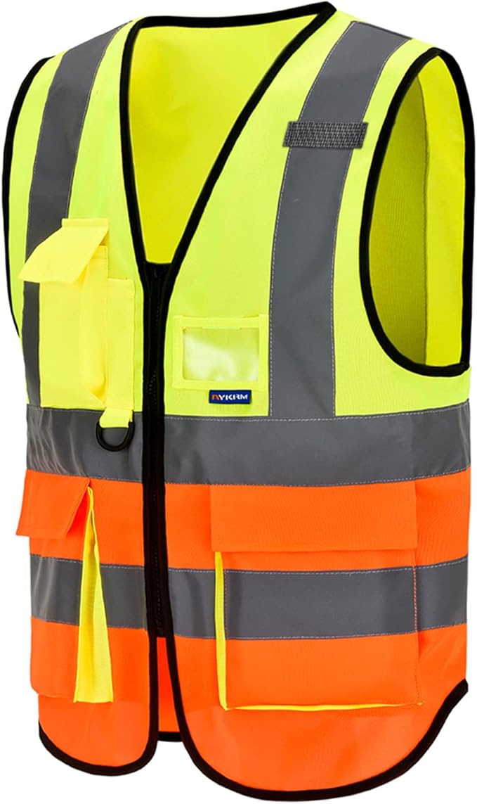 A-SAFETY Industrial Safety Vest, Hi Vis 9 Pockets High Visibility Zipper Front Reflective Safety Vest, Orange&Yellow Color Mixed, XL