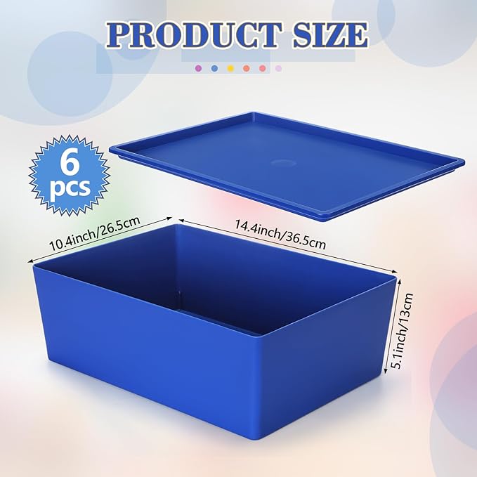 Menkxi 6 Pcs Large Plastic Storage Bins with Lids 14.4 x 10.4 x 5.1 Inch Stackable Storage Containers Decorative Cubby Organizer for Clothes Shelves Garage Closet Office (Blue Series)