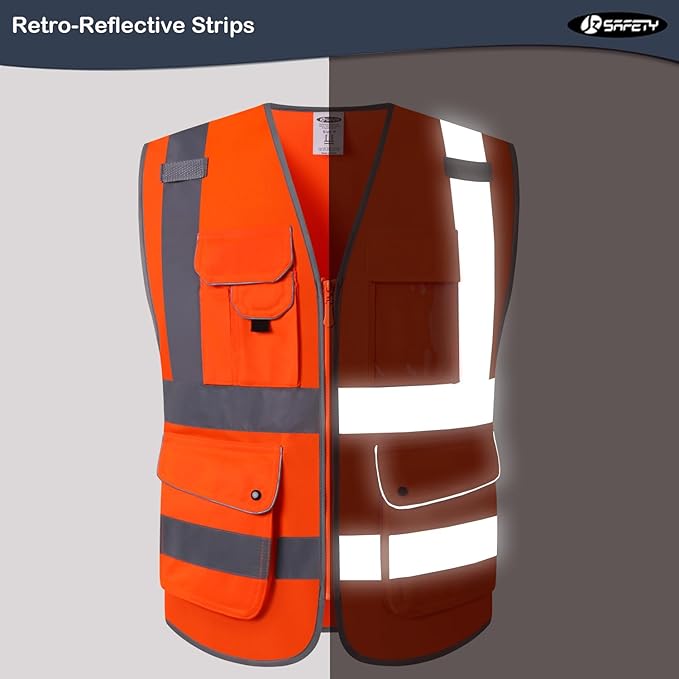 JKSafety 9 Pockets Class 2 High Visibility Zipper Front Safety Vest With Reflective Strips, Meets ANSI/ISEA Standards (150-Orange, XXL)