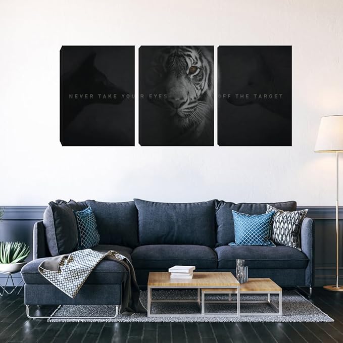 Unbruvo Tiger Motivational Wall Art - 3 Piece Canvas Prints for Office, Inspirational Leadership Quotes, Black Tiger Picture Wall Decor for Living Room, Bedroom(36''Wx 16''H)