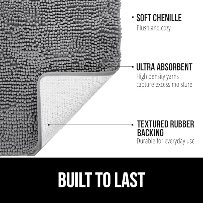 GORILLA GRIP Area Rug Sets 3 Piece, Bath Mat Set and Oval Toilet Base with Rubber Backing, Plush Absorbent Shaggy Chenille Washable Mats, Includes 24x19.5, 24x17 and 30x20 Inch Rugs, Grey