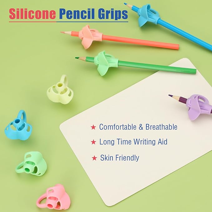 15 Pcs Pencil Grips with 3 Finger Rings for Kids Handwriting, 6 Colors Pencil Holders for Toddler Writing Tool, Ergonomic Pencil Gripper Cushions for Preschooler Needs in Classroom