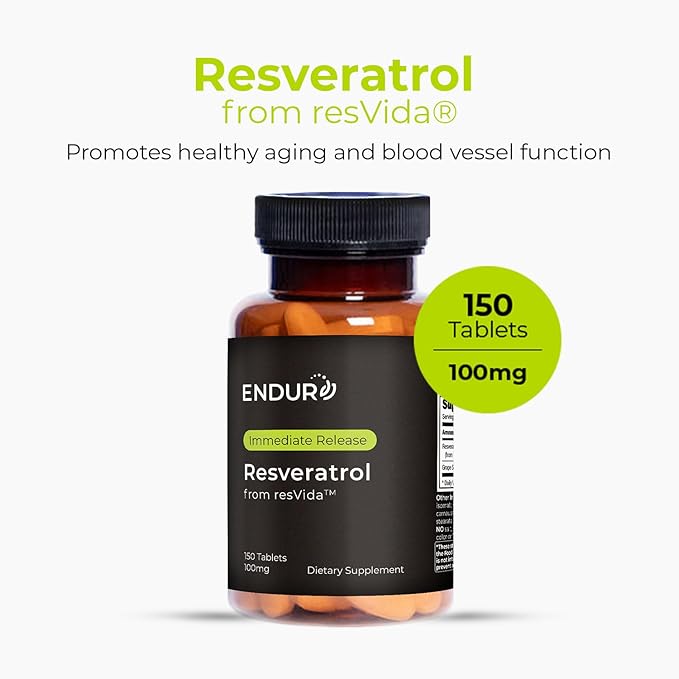 Endur Resveratrol, Healthy Aging & Cardiovascular Support Supplement, Instant Release Antioxidant Grape Skin Extract, Gluten Free, 100mg (150 Tablets)