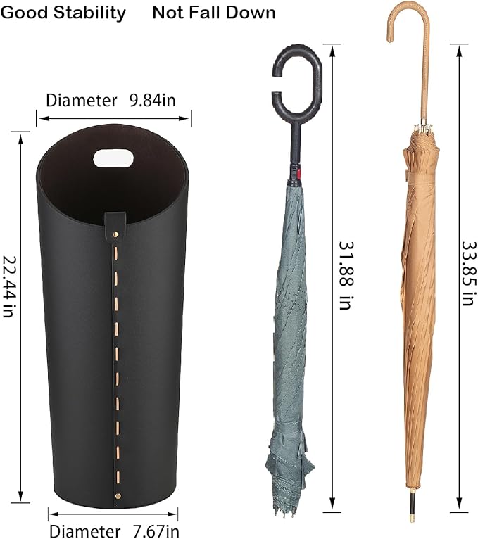 Black Umbrella Holer for Entryway with Drip Tray and 2 Steel Hooks Leahter Tall 22.44 Inches Umbrella Stand Rack Indoor Can Store 10 Golf Umbrellas or Crutches Toy Swords etc